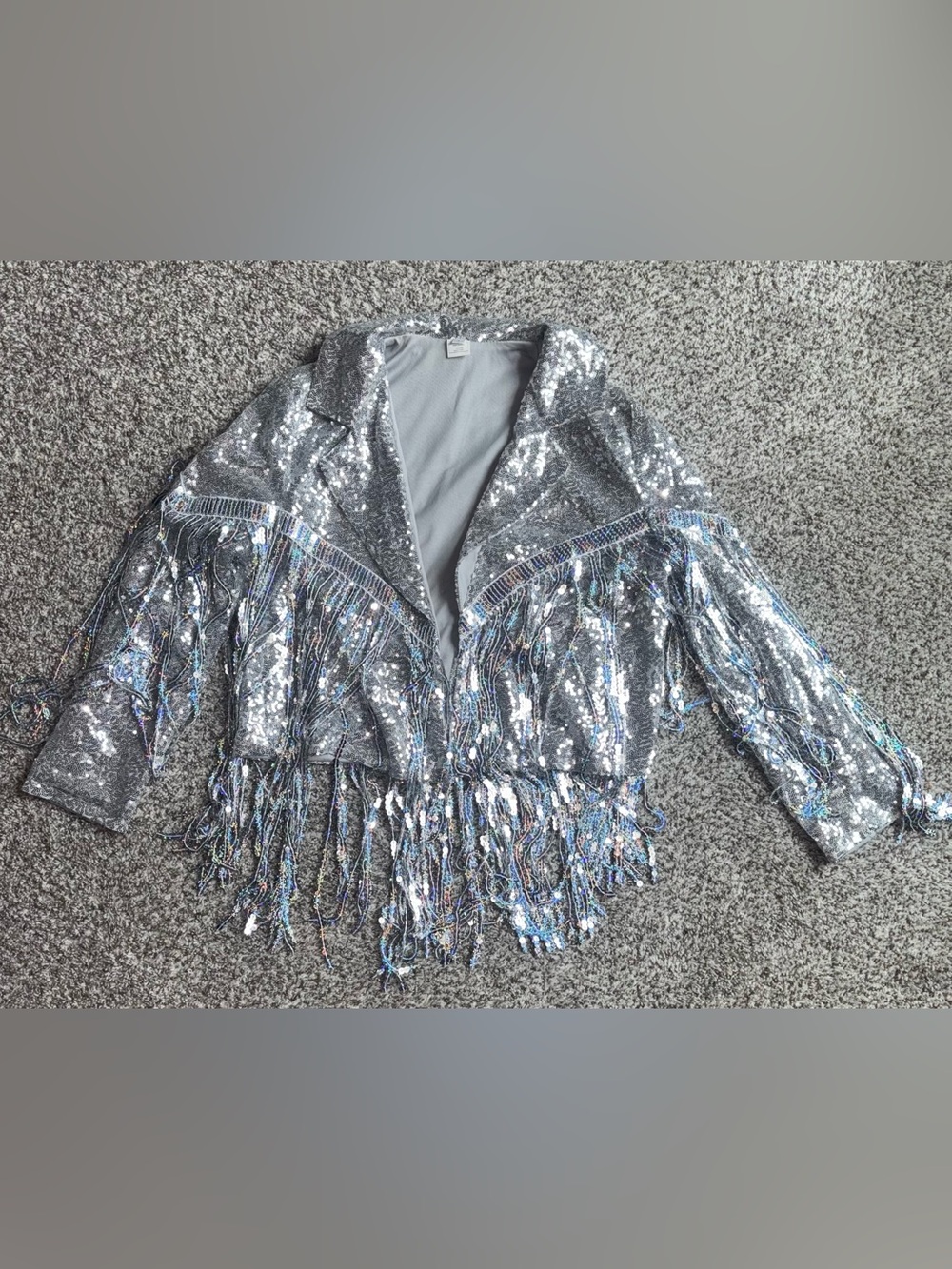 Silver Sequin Fringe Jacket Disco Cowgirl Festival Statement Jacket Size Small